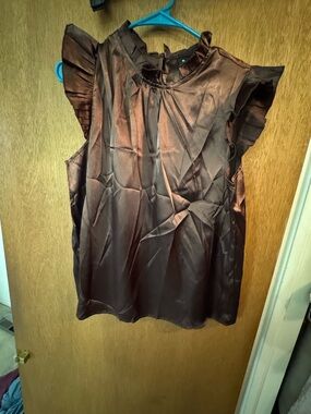 SHEIN Chocolate Brown Satin Ruffle Sleeve Blouse